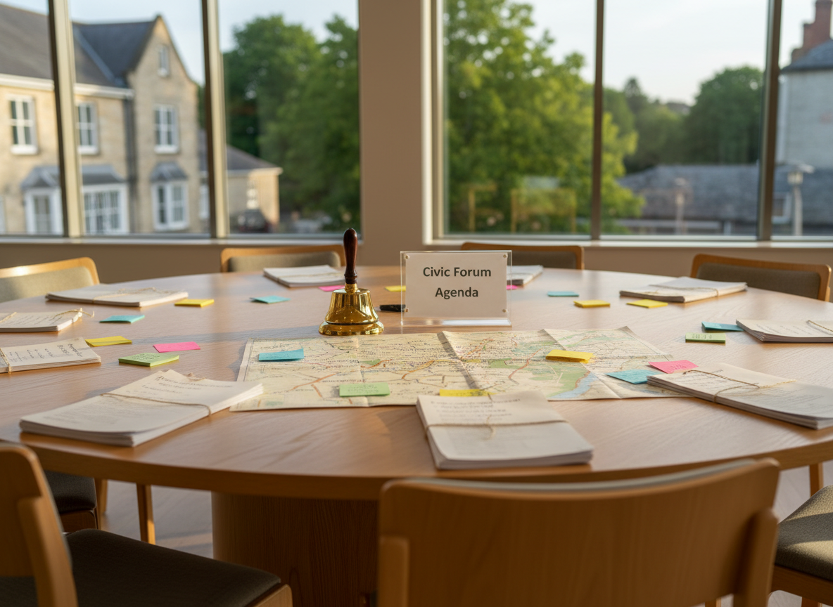 A circular wooden table in a bright, modern community hall, its smooth oak surface covered with neatly arranged documents, color-coded sticky notes, and an unfolded map of a small British town. In the center, a polished brass bell and a small, tasteful acrylic sign reading “Civic Forum – Agenda” stand upright. Behind, floor-to-ceiling windows reveal soft-focus greenery and traditional stone buildings. Gentle late-afternoon natural light fills the room, creating soft shadows and subtle reflections on the table. Photographic realism from a slightly elevated, eye-level angle, with a shallow depth of field that keeps the table in sharp focus while the background blurs, conveying a calm, professional, and constructive atmosphere suited to thoughtful local discussion.