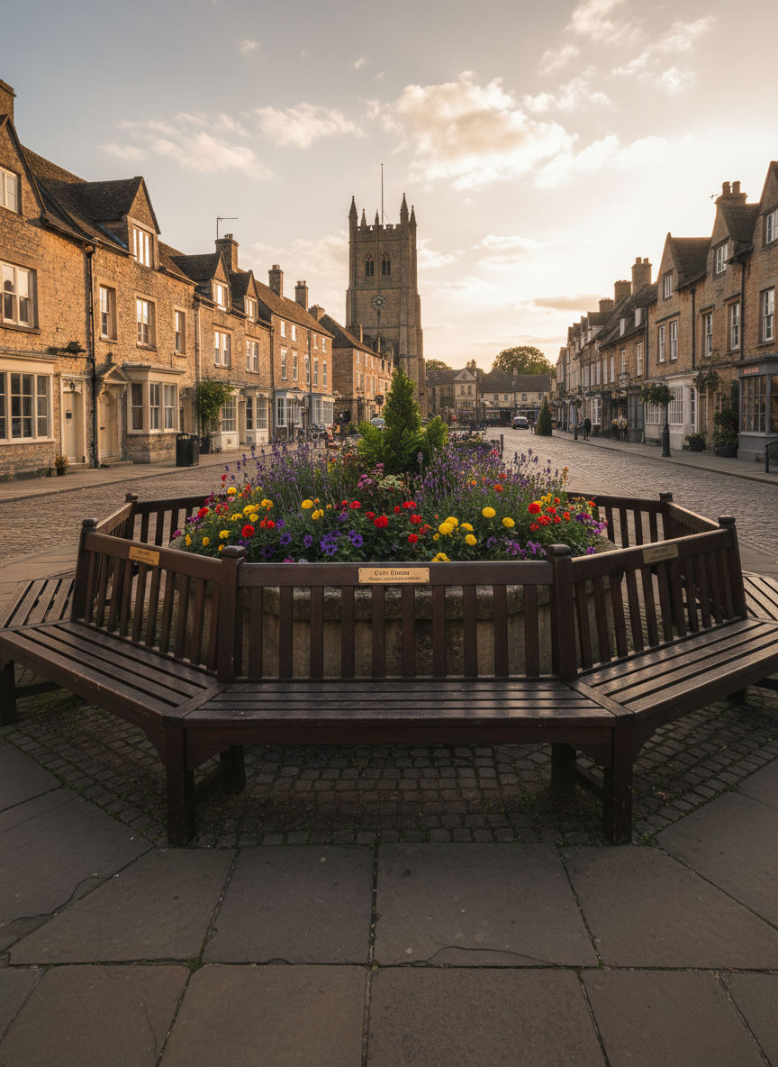 An atmospheric evening scene of a historic English market town square, clearly inspired by Malmesbury, with stone buildings and a church tower in the distance, all empty of people. In the foreground, several sturdy wooden benches encircle a low, circular stone planter filled with well-tended flowers. Discreet metal plaques on the benches read “Civic Forum – A Space for Conversation.” Warm golden-hour light washes over the stone façades, with long, soft shadows stretching across the cobblestones. Photographic realism, captured at eye level with a wide angle, highlighting both the intimate seating area and the broader town context, evoking a peaceful, reflective mood and a sense of shared civic space.