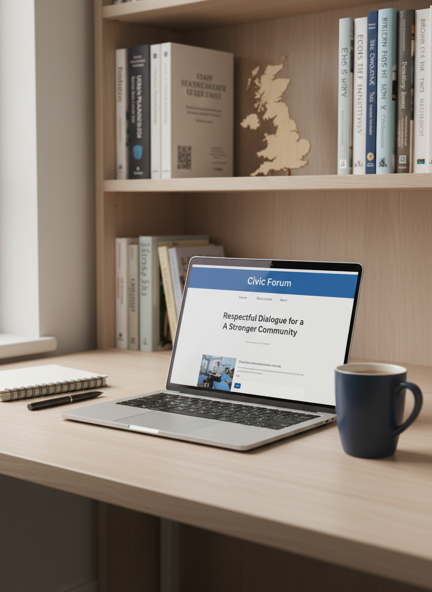 A modern study desk setup intended for online civic participation, featuring a slim silver laptop open to a clean, blue-and-white “Civic Forum” homepage with simple navigation and a headline about respectful dialogue. The laptop sits on a pale birch desk alongside a spiral-bound notebook, a fine-point pen, and a ceramic mug in muted navy. Behind, a bookshelf holds neatly arranged policy reports, local history books, and a small model of the UK map. Soft morning light from an unseen window creates even illumination with gentle highlights on the laptop edges. Photographic realism, shot from a three-quarter angle with shallow depth of field, producing a calm, focused, and professional atmosphere ideal for thoughtful online engagement.