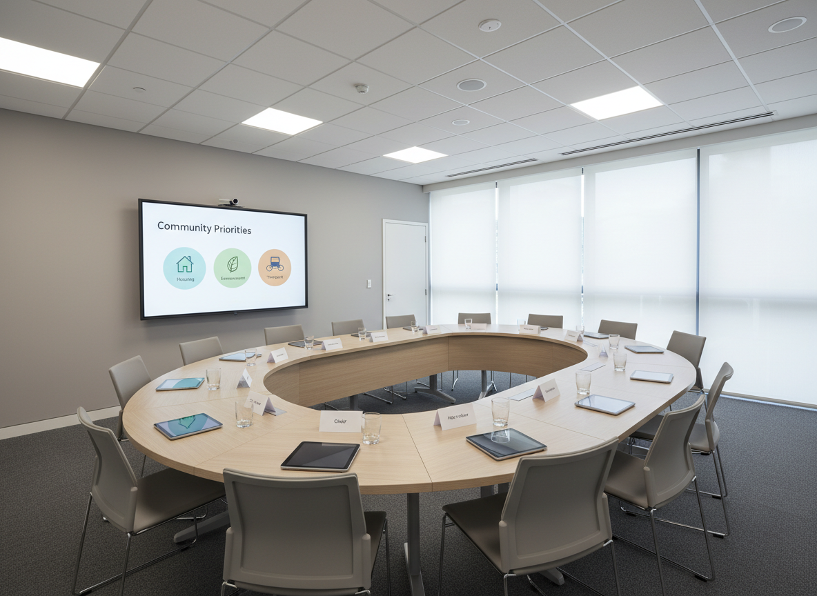 A tidy, well-lit council-style meeting room with an oval conference table made of light ash wood, each place set with a slim tablet, a glass of water, and a small tent card labeled with neutral role titles like “Chair”, “Facilitator”, and “Note-taker.” At one end, a large wall-mounted digital screen displays a minimalist infographic titled “Community Priorities” with clear, colorful icons representing housing, environment, and transport. Soft, evenly diffused ceiling lighting creates a clean, neutral ambience with minimal shadows. Photographic realism, shot from a wide-angle, slightly elevated corner view to capture the entire arrangement, emphasizing order, transparency, and professionalism in civic dialogue.