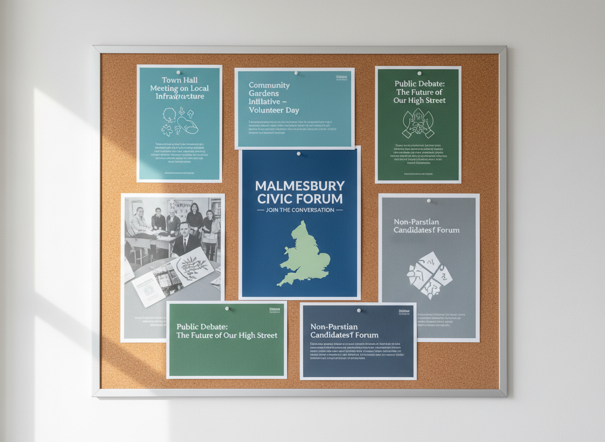 A close-up, photographic image of a neatly pinned community notice board made from natural cork with a slim brushed-aluminum frame, mounted on a white wall. The board is covered with thoughtfully arranged flyers and posters for local meetings, town hall forums, and non-partisan debates, all in tasteful blues and greens with clean typography. A central poster reads “Malmesbury Civic Forum – Join the Conversation” above a simple outline map of the UK. Soft, indirect daylight from a nearby window illuminates the textures of the paper and cork, casting gentle side shadows. Captured straight-on with moderate depth of field and crisp detail, creating a calm, inviting, and well-organized impression of community engagement.