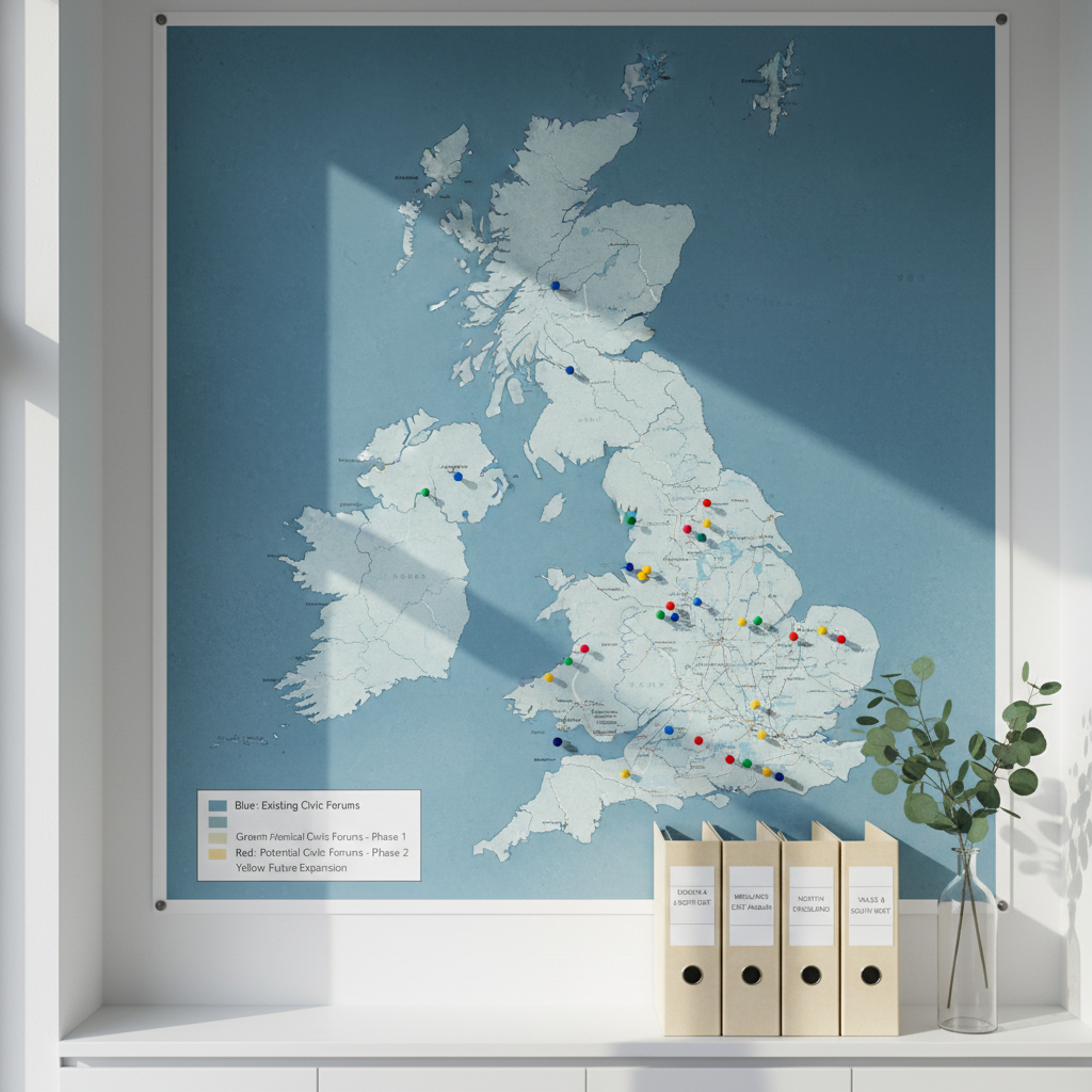 A large, wall-mounted paper map of Britain in a meeting room, printed in soft blues and greys, with small, neatly placed colored pins marking existing and potential civic forums in various towns. Below the map, a slim white shelf holds a row of labeled folders and a single, minimalist glass vase with a green branch. Cool, diffused daylight from a side window creates subtle texture on the paper and faint shadows from the pins. Photographic realism, captured straight-on with sharp focus across the scene, giving a clear, ordered view that suggests growth, connection, and the expansion of local forums into a nationwide network.